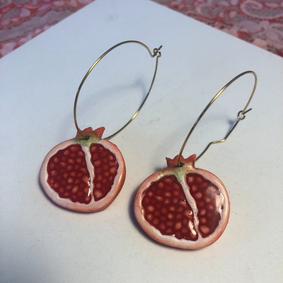 Red Pomegranate Hoop Earrings with Gold Hoops (Made with Polymer Clay & Resin) - Picture 3 of 12